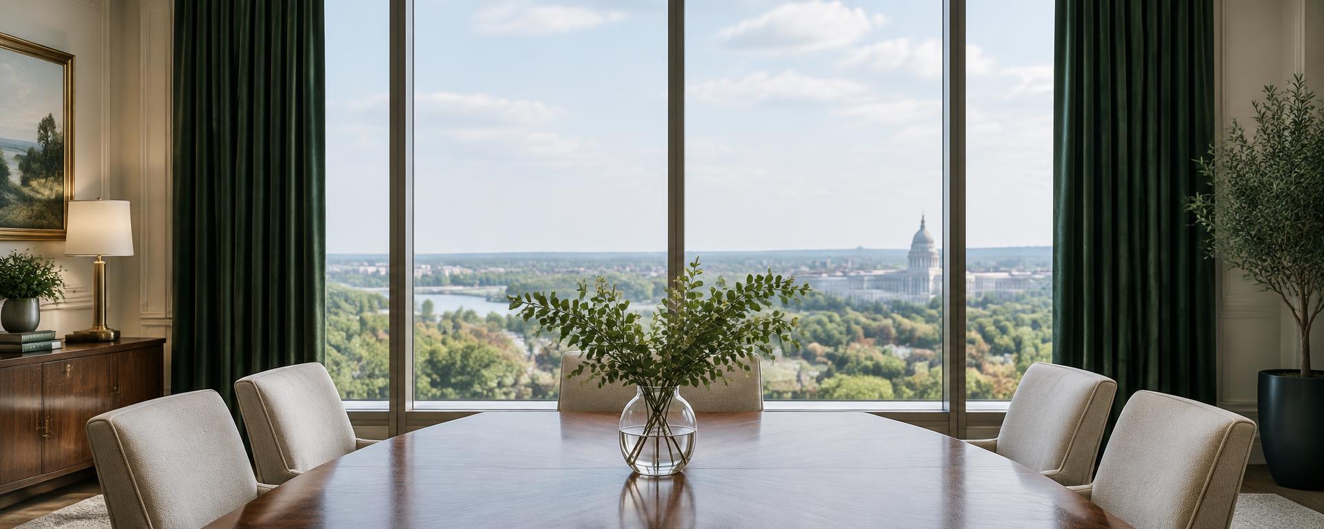 A welcoming attorney meeting room with large windows